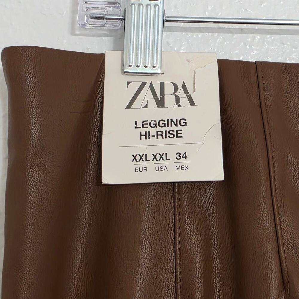 Zara Brown High Waisted Faux Leather Leggings Vegan Cognac Suede Lined Pants - Picture 8 of 14